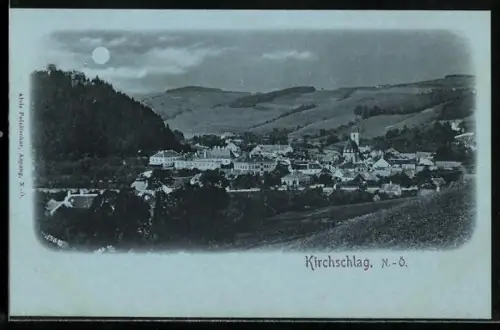 Mondschein-AK Kirchschlag /N.-Ö., Gesamtansicht mit Umgebung aus der Vogelschau