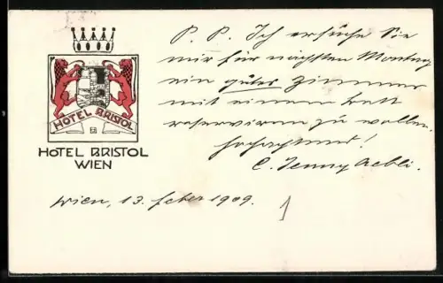 Lithographie Wien, Hotel Bristol, Briefkarte, Hotelwappen mit Krone