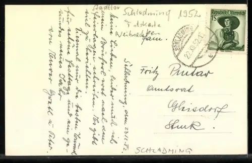 AK Schladming, Ortspartie im Winter mit Tabak-Trafik u. Torbögen, Weihnachtsgruss