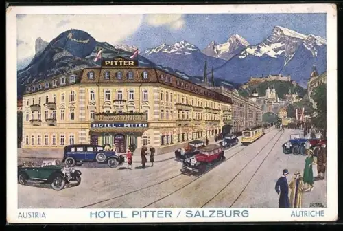 Künstler-AK Salzburg, Blick auf Hotel Pitter mit den Alpen