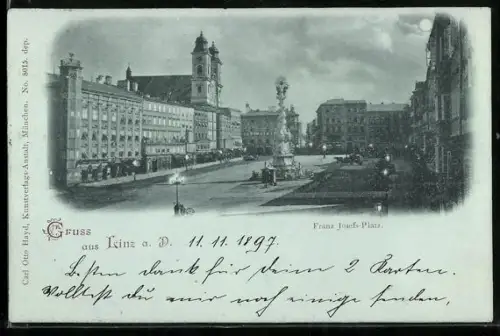 Mondschein-AK Linz a. D., Franz Josef-Platz mit Säulendenkmal, Panorama