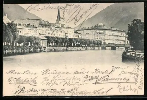AK Ischl, Flusspartie mit Brücke und Ortspanorama