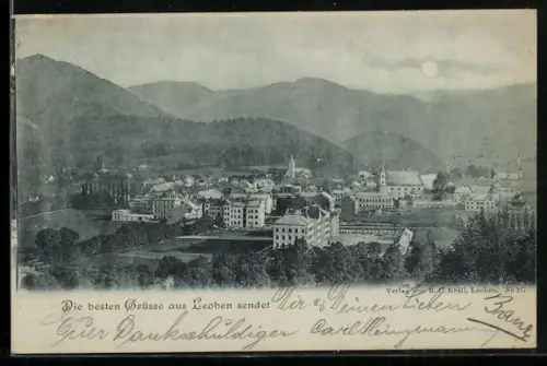 Mondschein-AK Leoben, Totalansicht mit Bergpanorama aus der Vogelschau