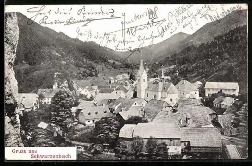 AK Schwarzenbach, Totalansicht mit Kirche aus der Vogelschau