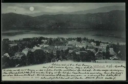 Mondschein-AK Millstatt, Teilansicht mit Seeblick aus der Vogelschau