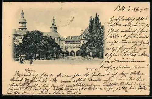 AK Graz, Burgtor mit Strasse u. Türmen, rückseitig Stefanie-Warte