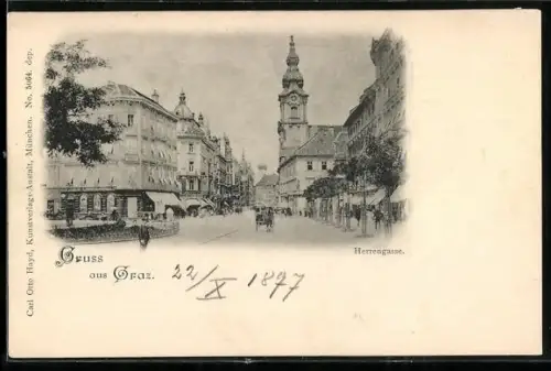 AK Graz, Herrengasse, Strassenpartie mit Anlage und Turmgebäude