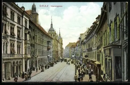 AK Graz, Herrengasse mit Geschäften aus der Vogelschau, Strassenpartie