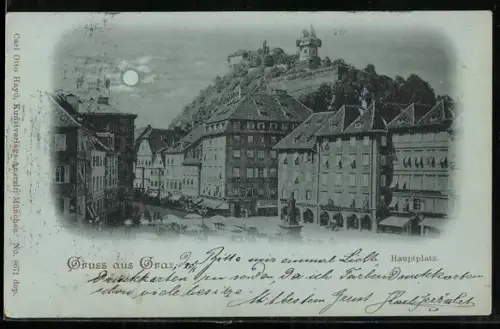 Mondschein-AK Graz, Hauptplatz mit Schlossberg aus der Vogelschau