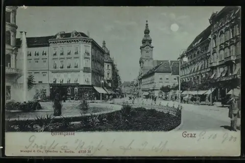 Mondschein-AK Graz, Herrengasse mit Springbrunnenanlage und Turmgebäude, Panorama