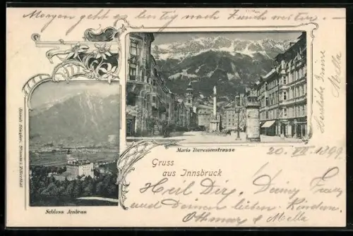 AK Innsbruck, Schloss Ambras, Maria Theresienstrasse mit Säulendenkmal, Ornament-Rahmen, Edelweiss