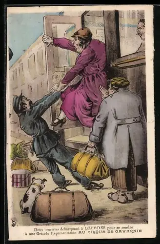 Künstler-AK Lourdes, Deux touristes débarquant pour le Cirque de Gavarnie