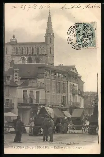 AK Bagnères-de-Bigorre, Église Saint-Vincent et marché animé devant l`église