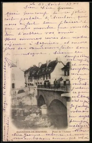AK Bagnères-de-Bigorre, Pont de l`Adour et maisons bordant la rivière