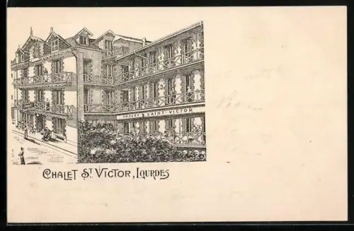 AK Lourdes, Chalet St. Victor, vue de la facade du bâtiment avec balcons et détails architecturaux