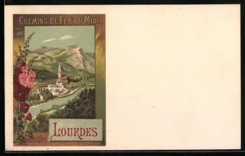 Lithographie Lourdes, Vue pittoresque du sanctuaire et des montagnes environnantes