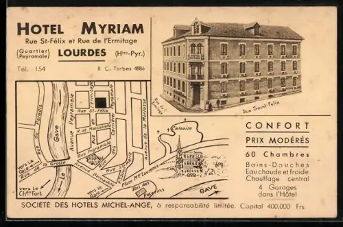 AK Lourdes /Htes-Pyr., Hôtel Myriam, plan et vue de l`établissement