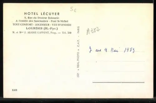 AK Lourdes /H.-Pyr., Hôtel Lécuyer et vue sur la colline environnante