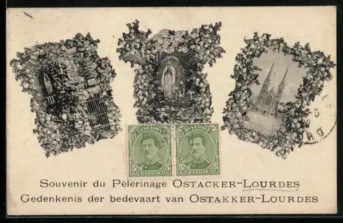 AK Ostacker-Lourdes, Souvenir du Pèlerinage avec vues de la chapelle et de la basilique