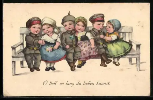 Künstler-AK Soldaten und ihre Geliebten auf einer Sitzbank