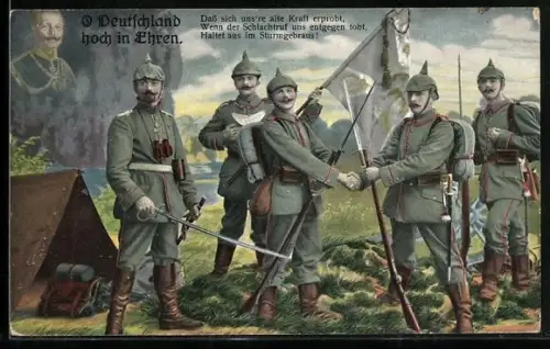 AK Portrait von Kaiser Wilhelm II. in Uniform, Soldaten in Uniform mit Gewehr und Bajonett