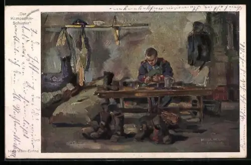 Künstler-AK Kompagnie-Schuster bei der Arbeit