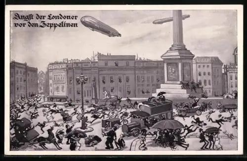 Künstler-AK London, Menschen auf der Strasse fliehen vor Zeppelinen