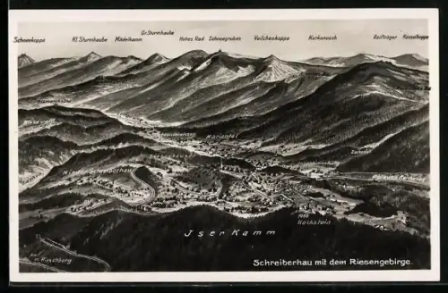 AK Schreiberhau, Ortsansicht mit dem Riesengebirge