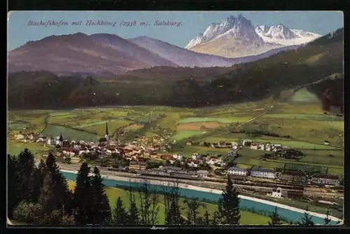 AK Bischofshofen, Ortspanorama mit Hochkönig vom Berg aus gesehen