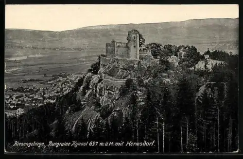 AK Hermsdorf, Blick auf die Bergruine Kynast