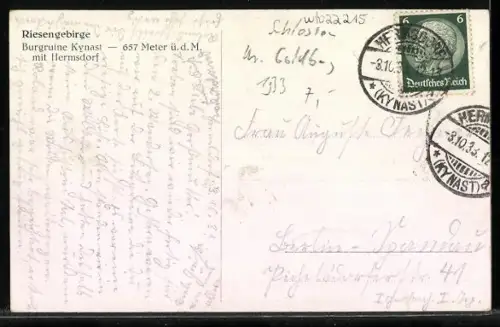 AK Hermsdorf, Blick auf die Bergruine Kynast