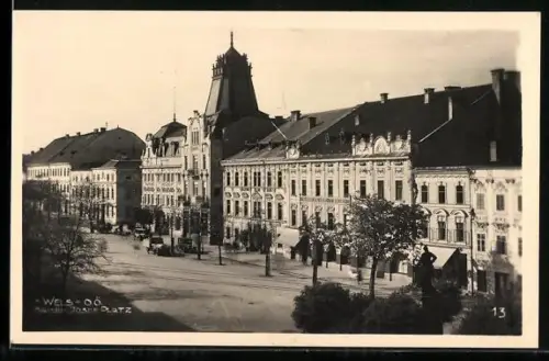 AK Wels, Kaiser-Josef-Platz mit Gasthof zum Goldenen Hirschen