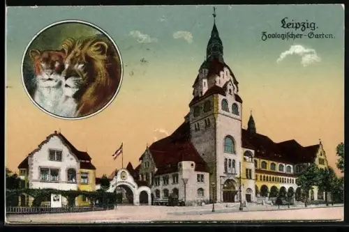 AK Leipzig, Eingangsgebäude des Zoos mit Strasse, Löwenpaar