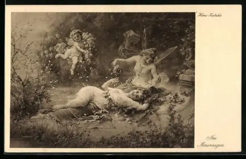 Künstler-AK Hans Zatzka: Zwei Feen bestreuen eine Frau mit Blütenblättern