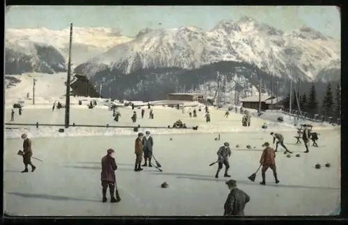 AK Wintersportler beim Curling-Spiel, Eisstockschiessen
