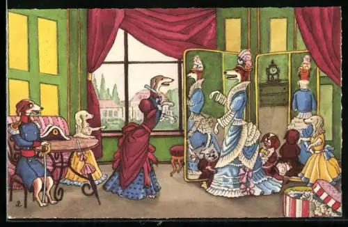 AK Windhunde der besseren Gesellschaft empfangen Besuch, vermenschlichte Tiere