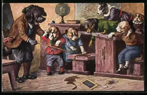 Künstler-AK Arthur Thiele: vermenschlichte Hundekinder bekommen vom Lehrer Ärger im Schulunterricht
