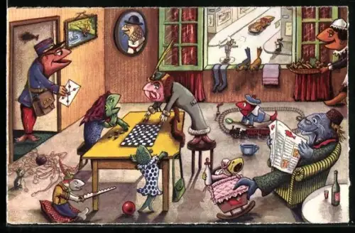 AK Fischfamilie spielt Dame, Postbote, Vater liest Zeitung