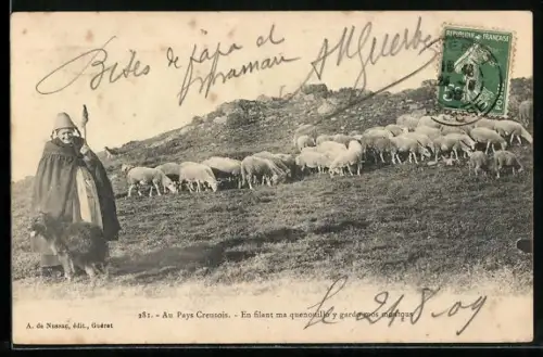 AK Creuse, Au Pays Creusois, En filant ma quenouillo y gardo mos moutous, Schäferin mit Schäferhund und Schafherde