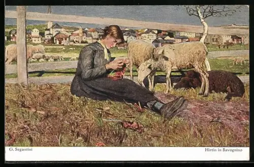 Künstler-AK Giovanni Segantini: Hirtin in Savognino - Frau mit Schafen auf der Weide