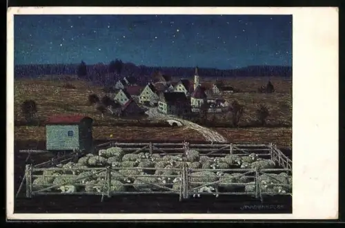 Künstler-AK Josef Madlener: Schlafende Schafe, Nächtliche Ruhe