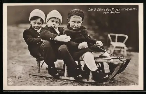AK Prinz Louis Ferdinand u. die anderen beiden Söhne des Kronprinzenpaares beim Rodeln auf einem Schlitten