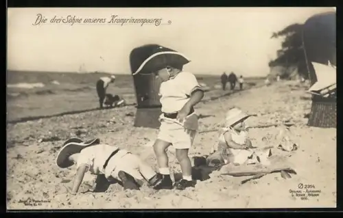 AK Die drei Söhne des Kronprinzen Wilhelm von Preussen spielen am Strand