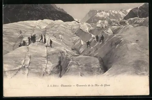AK Chamonix, Traversée de la Mer Glace, Bergsteiger auf dem Weg über den Gletscher