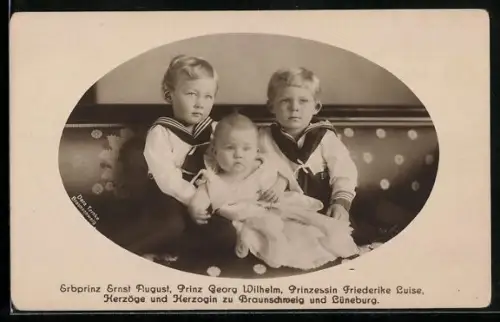 AK Erbprinz Ernst August mit den Geschwistern Prinz Georg Wilhelm und Prinzessin Friederike Luise aus dem Hause von Brau