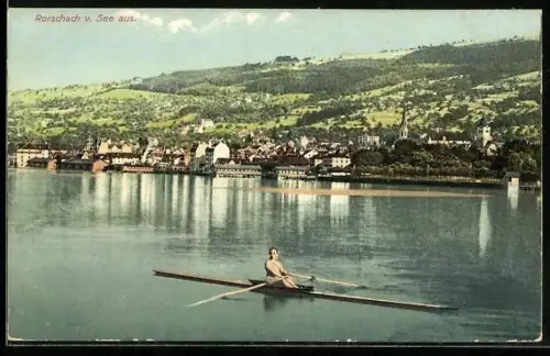 AK Rorschach, Ortsansicht vom See aus, Sportruderboot