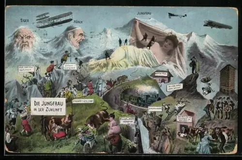 AK Die Jungfrau in der Zukunft, vermenschlichte Berge, Eiger, Mönsch, Jungfrau, Berggesichter