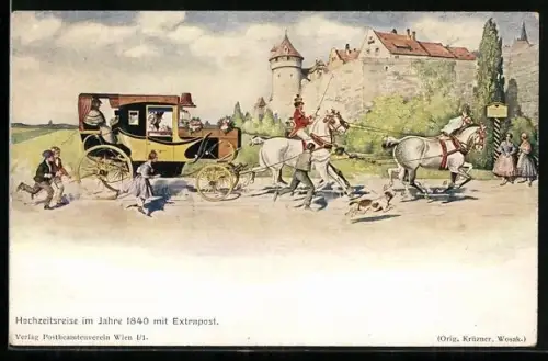 Künstler-AK Hochzeitsreise im Jahre 1840 mit Extrapost