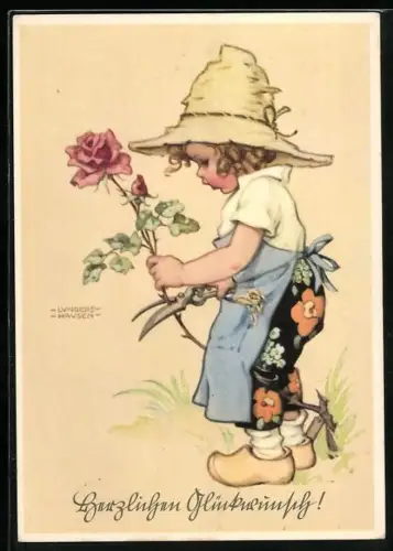 Künstler-AK Lungershausen: Ein kleines Mädchen in Holzschuhen schneidet eine Rose vom Zweig