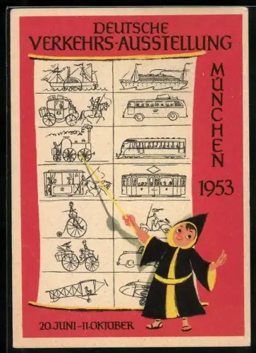 AK München, Deutsche Verkehr-Ausstellung 1953, Münchner Kindl mit verschiedenen Verkehrsmitteln